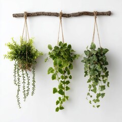 Three varied hanging plants suspended from twig on white wall, minimalist d?cor