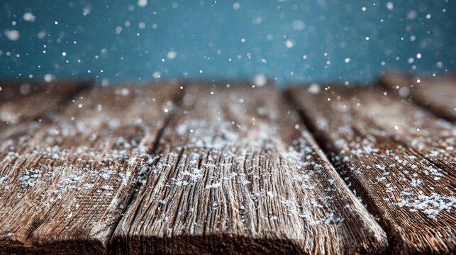 Weathered wooden surface dusted with delicate snowflakes, creating a serene winter scene with soft blue background and intricate texture details - Powered by Adobe
