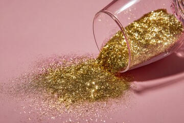 Golden glitter spills from a tipped glass on pink
