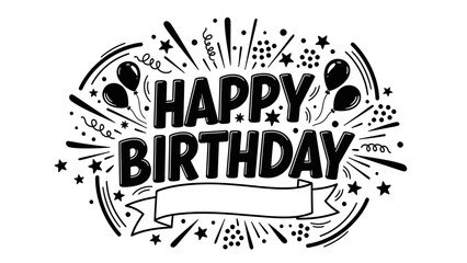 Festive hand-drawn happy birthday illustration with balloons and confetti for joyful celebrations