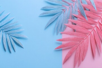 Pastel palm leaves on split pink and blue background, soft tropical feel