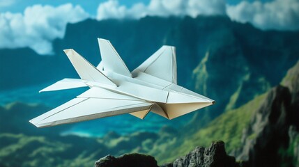 Origami paper jet soaring above misty mountain landscape, showcasing delicate craftsmanship and aerodynamic precision against a breathtaking natural backdrop