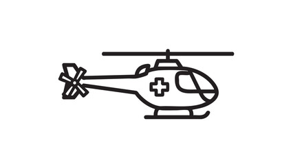 A simple line drawing of a helicopter with a medical cross on its side viewed from the side