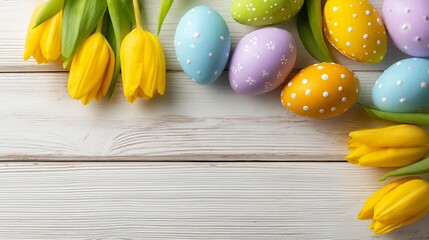 Vibrant Easter composition with pastel-colored polka dot eggs and bright yellow tulips arranged on a rustic white wooden background, creating a festive spring holiday scene