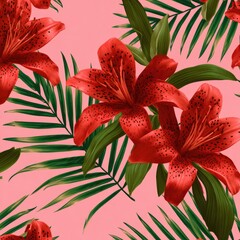 Red lily & green palm fronds on coral background creates a tropical pattern