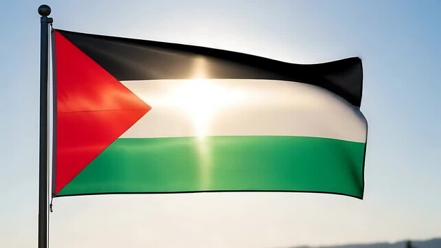 palestinian flag waving outdoors against bright blue sky