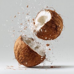 Coconut split open with flying bits against a light grey background