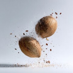 Exploding coconut halves in mid-air with scattered pieces on gray backdrop
