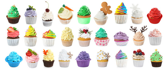 Set of tasty cupcakes with cream isolated on white