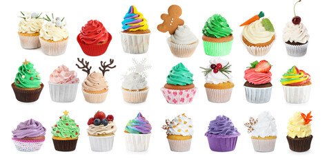 Set of tasty cupcakes with cream isolated on white