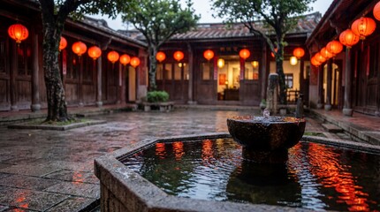 Obraz premium Traditional Asian Courtyard with Red Lanterns and Stone Water Feature