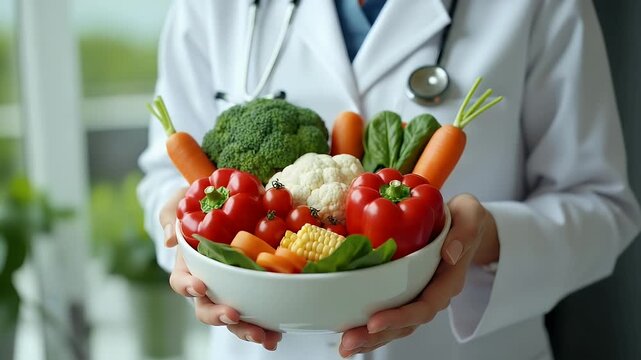 A doctor holds a bowl of fresh, colorful vegetables, promoting healthy nutrition and wellness.