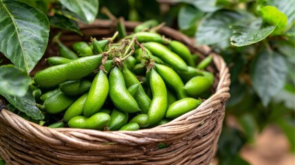 Fresh Vibrant Green Edamame Pods Still Attached to Their Stalks Resting in a Woven Basket
