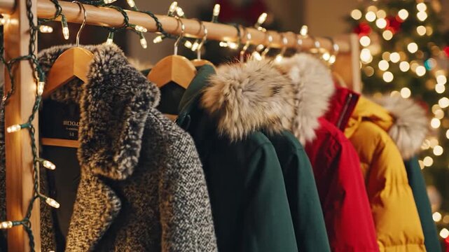 Winter coats hanging on a rack with decorative lights and a christmas tree