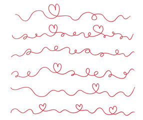 Set of Red Hand Drawn Heart Dividers and Wavy Border Lines for Valentine's Day and Love Concepts