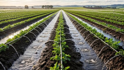 Irrigation system in action on a lush green farm field