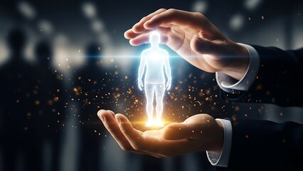 Businessman presenting glowing human hologram in modern office setting