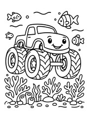Fototapeta premium Monster Truck Adventure: A cheerful monster truck explores the underwater world, surrounded by playful fish and sea plants in this whimsical illustration.