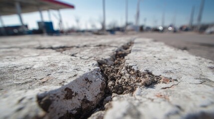 Close-up of a deep, jagged crack in weathered concrete surface showing significant damage and rough texture.