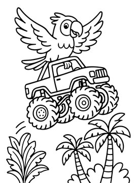 Parrot's Jungle Drive: A delightful illustration of a playful parrot commandeering a rugged monster truck, soaring over a vibrant tropical landscape.