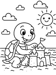 Turtle's Sandcastle by the Sea: A cheerful turtle meticulously builds a magnificent sandcastle, with the sunny sky creating a whimsical and joyful scene.