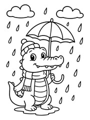 Cozy Alligator in the Rain: An adorable alligator embraces the wet weather, shielding itself with an umbrella while wearing a cozy hat and scarf, all set under a stormy sky.