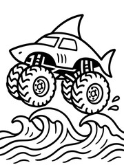 Shark Monster Truck: A creative and fun illustration showcases a shark-themed monster truck, cruising over the waves with a playful design.