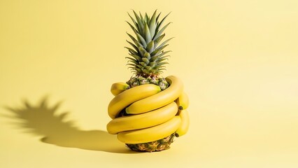 Pineapple and bananas still life on yellow background