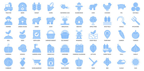 Farming Icon Set. Containing Tractor, Barn, Wheat, Corn, Watering Can, Scarecrow, Cow, Chicken, Pig, Hay Bale, Farmer Icon. Lineal Blue Style © San D