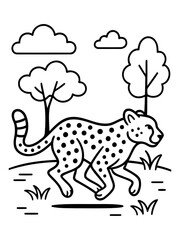 Fototapeta premium Cheetah Silhouette: An elegant cheetah dashes across a grassy plain under a canopy of clouds and trees, captured in a clean, minimalist illustration, embodying speed and grace.