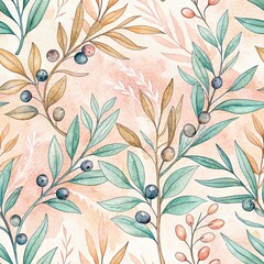 Watercolor seamless pattern with olive branches featuring blue and brown berries on soft pink background
