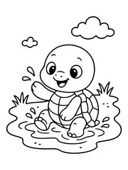 Cheerful Turtle's Pond Adventure: A cheerful turtle splashes and plays in a puddle with a big smile, inviting viewers into its joyous world.
