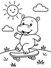 Cheerful Hippo on Skateboard: A playful hippopotamus enjoys a sunny day, skillfully riding a skateboard with a cheerful expression, surrounded by simple graphic elements.