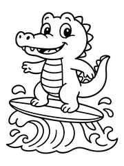 Fototapeta premium Cool Gator's Surfing Adventure: An adorable, cartoon alligator rides the waves on a surfboard, embodying the joy of surfing and the carefree spirit of summer.