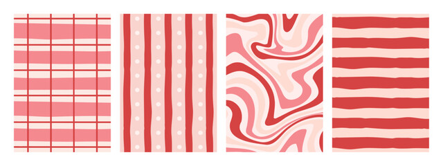 Set of vertical Valentines day posters. Pink and red stripes, plaid, and abstract swirl backgrounds. Cute templates for invitations, social media stories