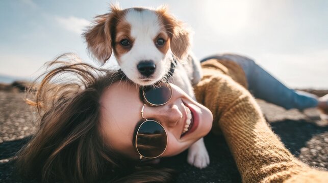 Happy young woman smiling, holding cute puppy on head, enjoying outdoor leisure moment and pet companionship. Dog on a walk
