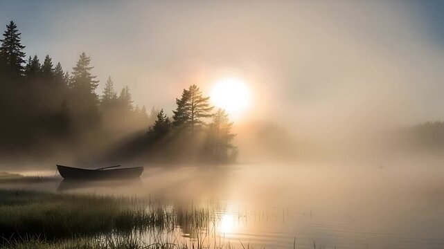 sunrise mist on tranquil lake with small boat among trees