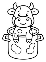 Cow in the Pot: A charming illustration featuring a cartoon cow playfully nestled inside a cooking pot, designed in a simple, friendly style.