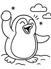 Naklejka premium Penguin's Playful Moment: A joyous penguin, poised with a snowball in hand, radiating glee amidst a flurry of snowflakes and soft clouds. A cheerful cartoon illustration.