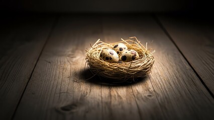 Quail eggs in a straw nest on wood