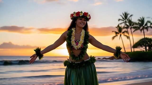 sunset hula dancer on tropical beach with lei and flower crown