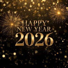 Luxury Happy New Year 2026 with Golden Fireworks Celebration Background.