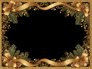 Elegant Gold Christmas Frame Background with Bows and Pine Cones