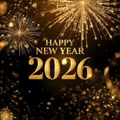 Luxury Happy New Year 2026 with Golden Fireworks Celebration Background.