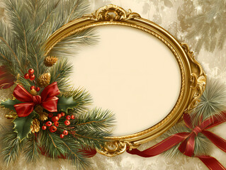 Elegant Christmas Frame with Gold Ornate Border and Red Bow Holiday Mockup
