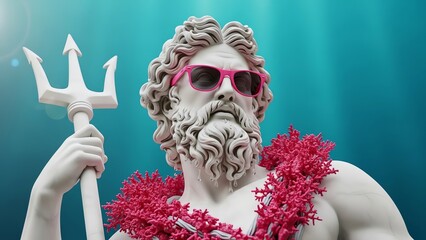 Poseidon statue wearing sunglasses with coral garland