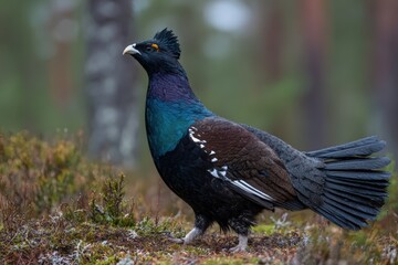 Captivating capercaillie in natural habitat displaying vibrant plumage.