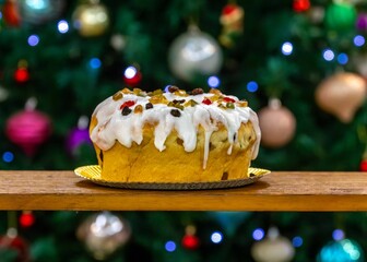 Festive Panettone with Candied Fruits and Icing for Christmas