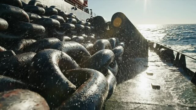 Maritime industrial strength displayed by heavy anchor chains against sunlit ocean waves