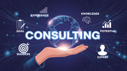 Consulting services concept with hand holding globe and icons